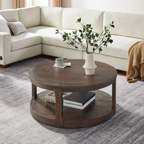 40" Round Wood Coffee Table, 2 Tier Modern Center Table with Roller Wheels,Solid Wood+MDF, Easy Assembly, Accent Table for Living Room, Apartment, Small Space.(Dark Brown)