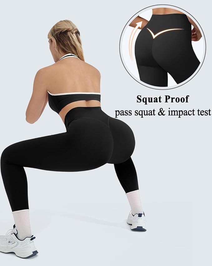 OMKAGI 2 Piece Workout Sets for Women Halter Sports Bras Gym Sets Booty Leggings Outfits