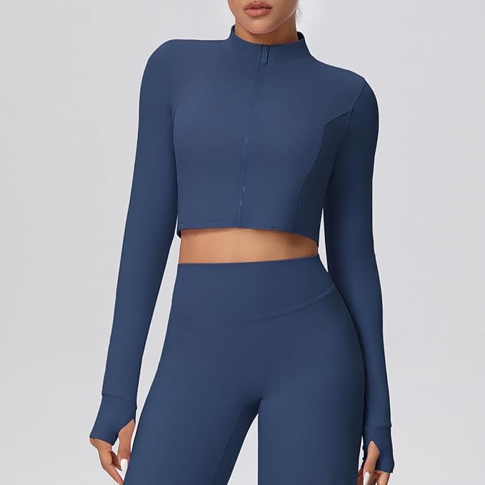 Yknktstc Womens Full Zip Athletic Jacket with Thumbhole Long Sleeve Crop Top Running Workout Yoga Sportswear Shirt