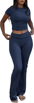 ZFLM Casual Workout Two Piece Outfits for Women Short Sleeve Crop High Waist Foldover Flare Pants Tracksuit Sets Streetwear