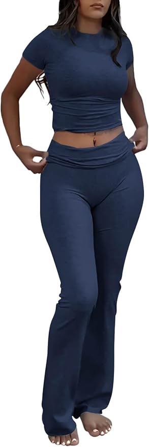 ZFLM Casual Workout Two Piece Outfits for Women Short Sleeve Crop High Waist Foldover Flare Pants Tracksuit Sets Streetwear