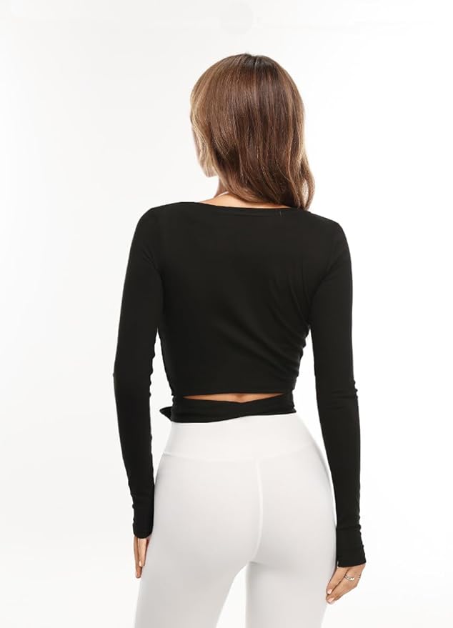 Danysu Ballet Wrap Tops Long Sleeve Cross Tie Crop Shirts Deep V-Neck Dance Clothes Fall Cardigans