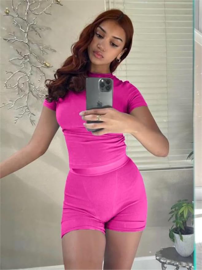 AYWA Two Piece Outfits for Women Fitted Crew Neck T-shirt High Waist Leggings Biker Shorts Matching Sets Streetwear