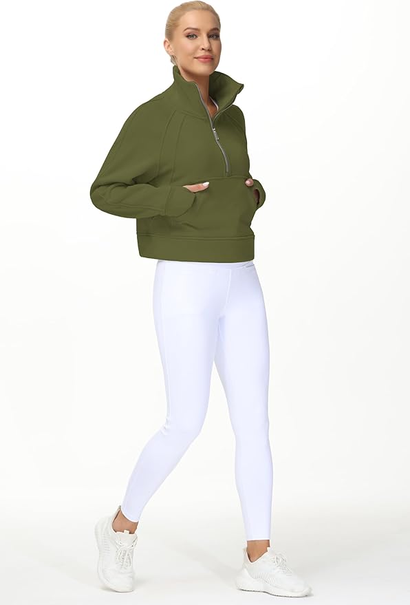 THE GYM PEOPLE Womens' Half Zip Pullover Fleece Stand Collar Crop Sweatshirt with Pockets Thumb Hole