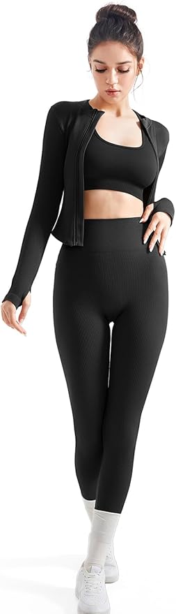 SUUKSESS Women 2 Piece Seamless Ribbed Workout Sets With Zip Up Jacket High Waisted Gym Yoga Leggings