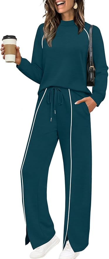 WIHOLL Lounge Sets for Women 2 Piece Fall Outfits 2025 Wide Leg Pant Matching Sets Womens Clothing