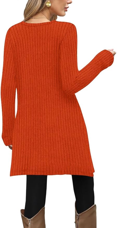 Poetsky Women Long Sleeve Tunic Tops to Wear with Leggings Side Buttons Long Shirts Rib Sweater Dress with Pockets S-3XL