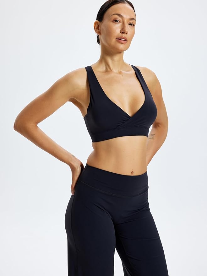Ruched V Neck Criss Cross Back Ballet Sports Bra Wrap Front Yoga Medium Support Workout Crop Top Removable Pads