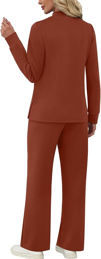 WIHOLL Two Piece Sets for Women Spring Travel Vacation Outfits 2026 Long Sleeve Lounge Sets Side Slit Wide Leg Pants S-3XL