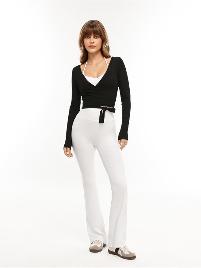 Danysu Ballet Wrap Tops Long Sleeve Cross Tie Crop Shirts Deep V-Neck Dance Clothes Fall Cardigans