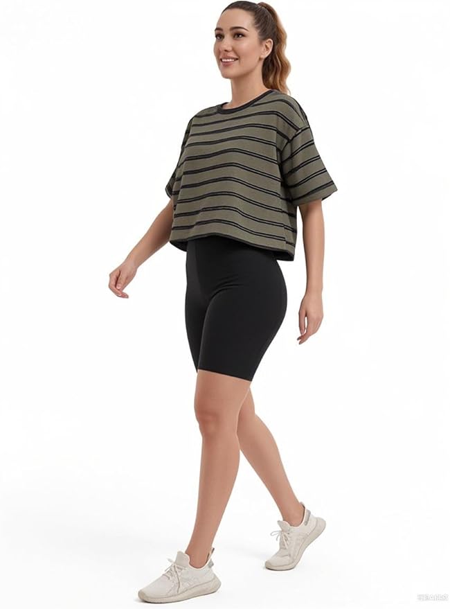 Women's Oversize Workout Crop Tops Casual Short Sleeve Drop Shoulder Boxy T-Shirts Roll Hem Basic Loose Yoga Running Tees
