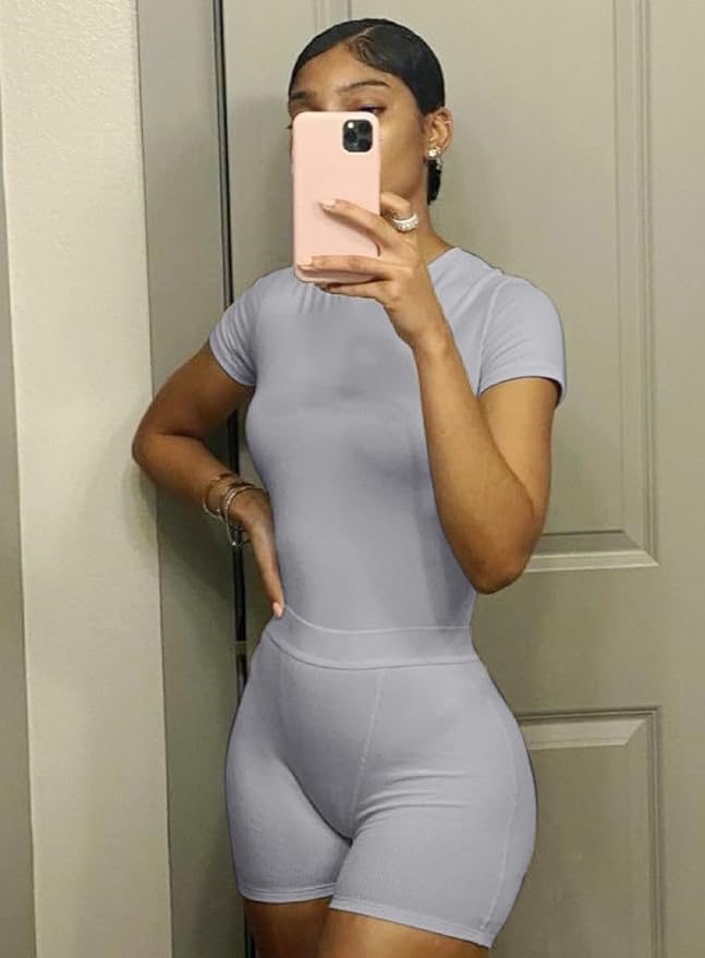 AYWA Two Piece Outfits for Women Fitted Crew Neck T-shirt High Waist Leggings Biker Shorts Matching Sets Streetwear