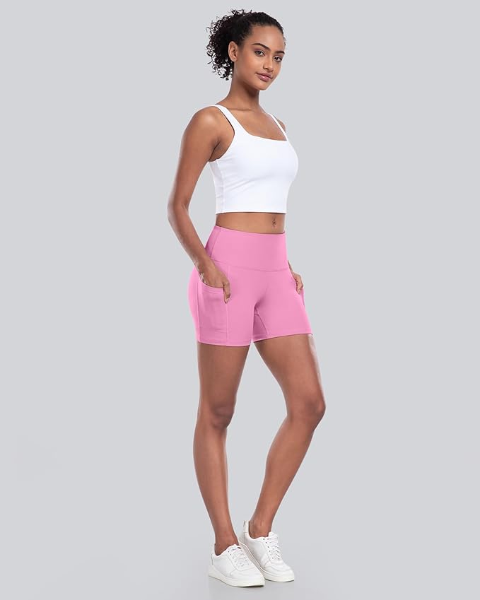 CHRLEISURE Womens Biker Yoga Shorts with Pocket, High Waisted Tummy Control 5 Inch Workout Spandex Athletic Gym Shorts