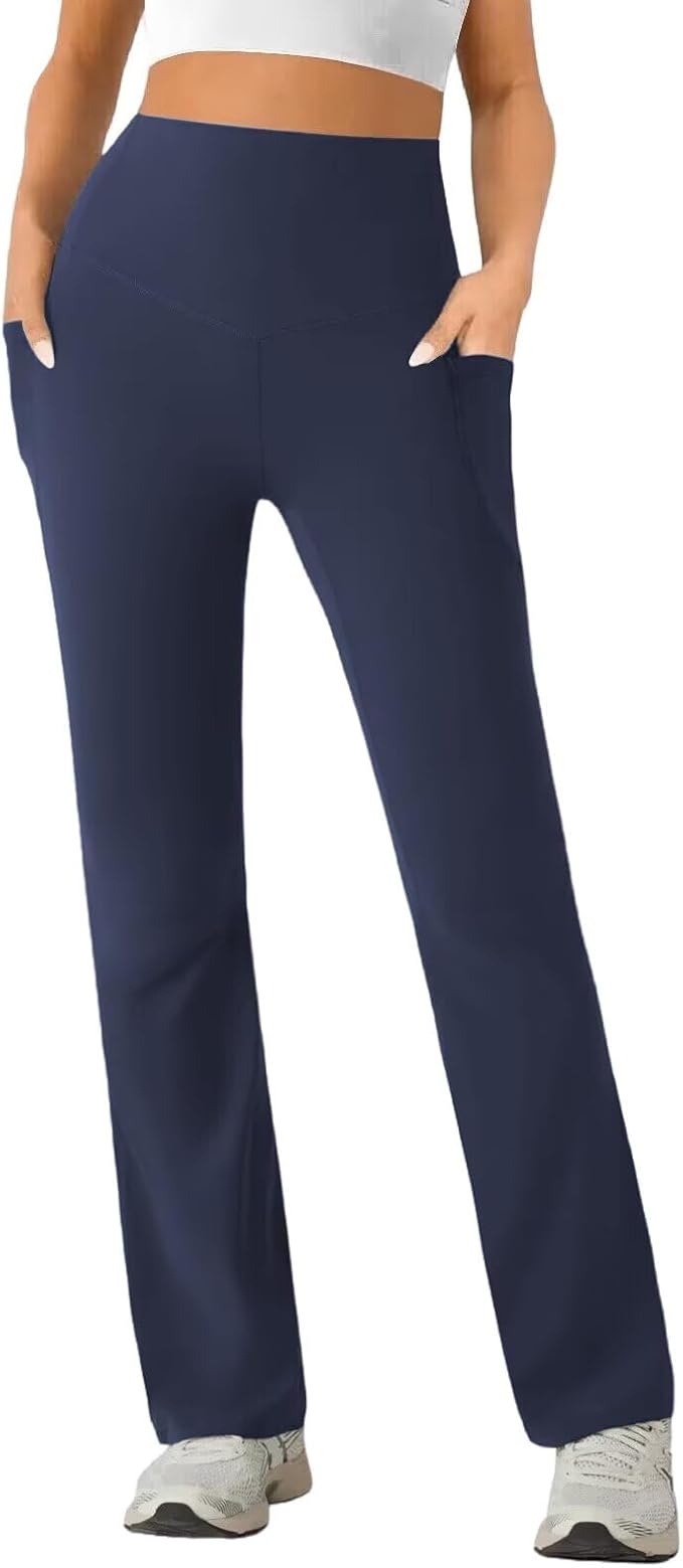 Womens High Waist Yoga Pants Stretchy Casual Trousers Straight Leg Pull On Side Pockets