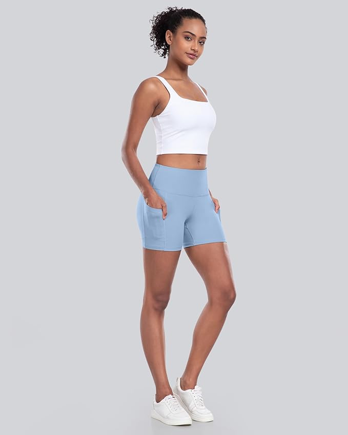 CHRLEISURE Womens Biker Yoga Shorts with Pocket, High Waisted Tummy Control 5 Inch Workout Spandex Athletic Gym Shorts