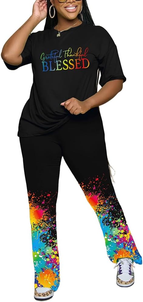 PINSV Women 2 Piece Outfits Short Sleeve Top and Flare Pants Lounge Sets Tracksuit