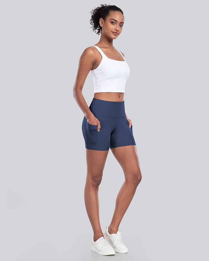 CHRLEISURE Womens Biker Yoga Shorts with Pocket, High Waisted Tummy Control 5 Inch Workout Spandex Athletic Gym Shorts