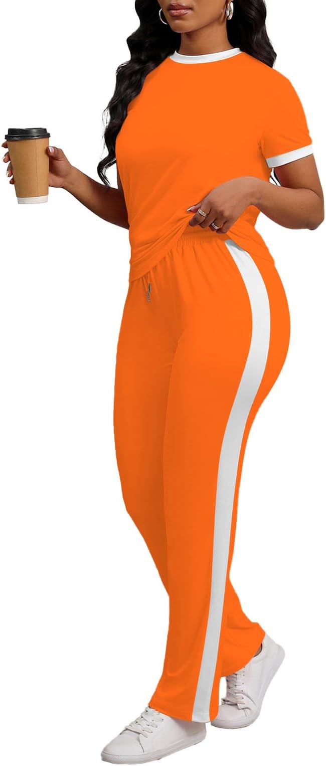 PINSV Women's 2 Piece Outfits Short Sleeve Tops Sweatpants Colorblock Bodycon Lounge Sets Tracksuit