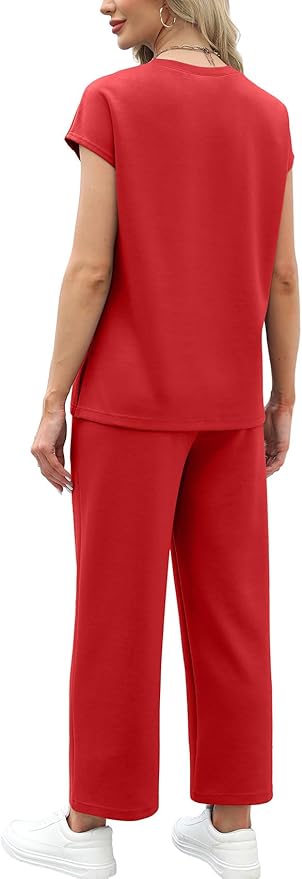 WIHOLL Two Piece Sets for Women Summer Spring Travel Vacation Outfits Cap Sleeve Lounge Matching Sets Wide Leg Pants S-3XL