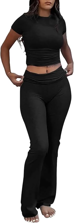 YETOWA Women's 2 Piece Lounge Outfits Slim Short Sleeve Tops Low Rise Flare Leggings Sets Yoga Sweatsuit