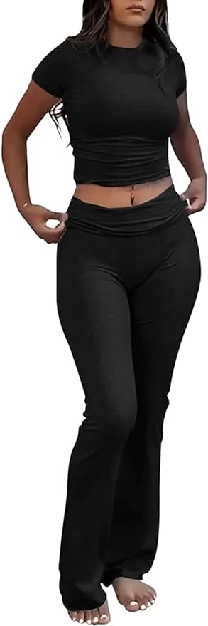 YETOWA Women's 2 Piece Lounge Outfits Slim Short Sleeve Tops Low Rise Flare Leggings Sets Yoga Sweatsuit