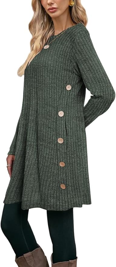 Poetsky Women Long Sleeve Tunic Tops to Wear with Leggings Side Buttons Long Shirts Rib Sweater Dress with Pockets S-3XL