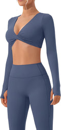 SUUKSESS Women 2 Piece Workout Sets Long Sleeve Twist Deep V Crop Padded Tops Yoga Leggings with Side Pockets
