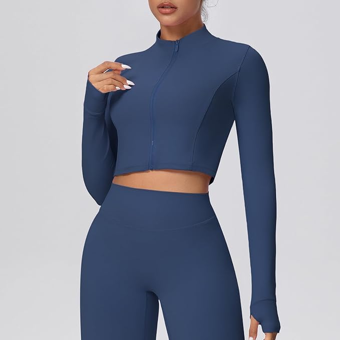 Yknktstc Womens Full Zip Athletic Jacket with Thumbhole Long Sleeve Crop Top Running Workout Yoga Sportswear Shirt