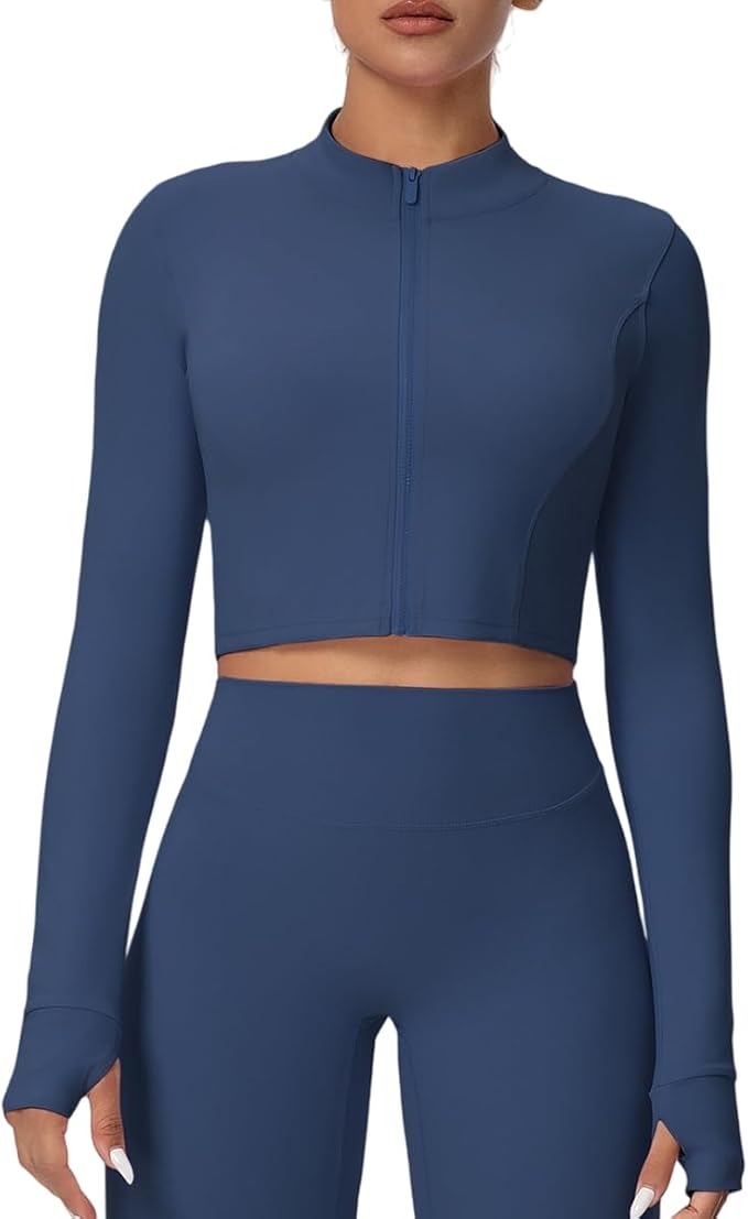 Yknktstc Womens Full Zip Athletic Jacket with Thumbhole Long Sleeve Crop Top Running Workout Yoga Sportswear Shirt