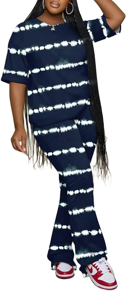 PINSV Women 2 Piece Outfits Short Sleeve Top and Flare Pants Lounge Sets Tracksuit