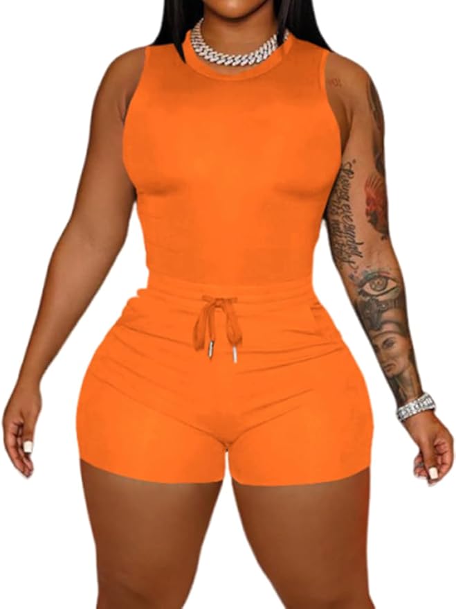 HBQ Women 2 Piece Outfits Sleeveless Tank Tops Biker Short Workout Jogger Sets Summer