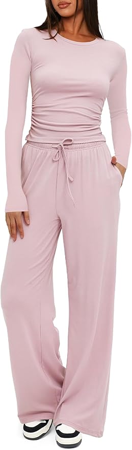 Darong Women's 2 Piece Outfits Lounge Sets 2026 Long Sleeve Tops Wide Leg Pants Casual Matching Set