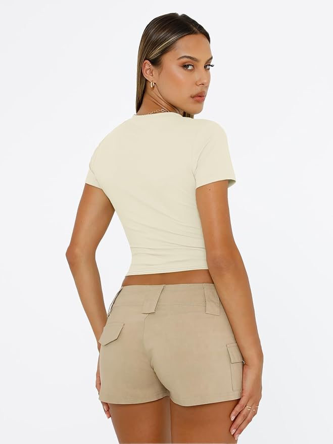 Trendy Queen Womens Short Sleeve T Shirts - Buttery Soft Summer Crop Tops Slim Fit Y2k Basic Tees for Workout
