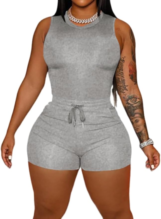HBQ Women 2 Piece Outfits Sleeveless Tank Tops Biker Short Workout Jogger Sets Summer