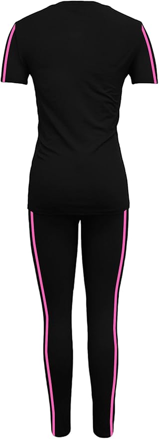 Women's 2 Piece Outfits Sweatsuit Summer Workout Striped Short Sleeve Long Sweatpants Casual Jogging Lounge Set