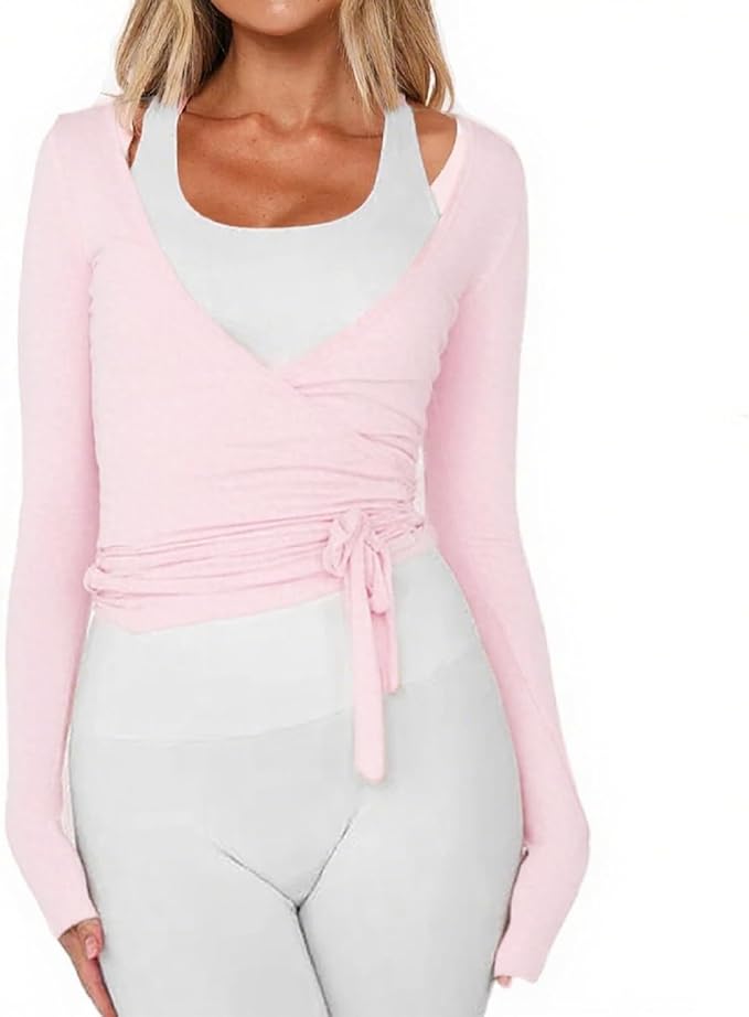 Women Wrap Tie Top Y2k Long SLeeve Ballet Workout Yoga Shirt Coquette Blouses
