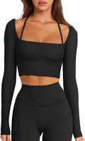 LASLULU Womens Sexy Square Neck Crop Top Ribbed Seamless Long Sleeve Workout Tops Halter Neck Athletic Yoga