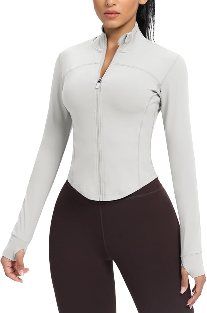 AVGO Women's Cropped Running Workout Jackets Zip Slim Fit Athletic Tops with Thumb Holes