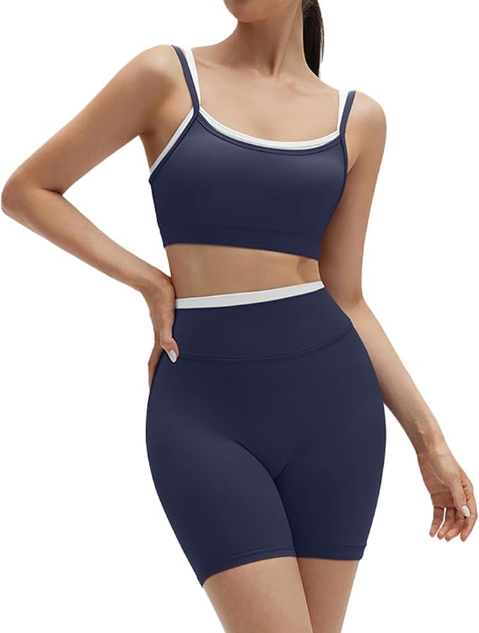 SUUKSESS Women 2 Pieces Workout Sets Padded Spaghetti Straps Camis High Waist Biker Shorts