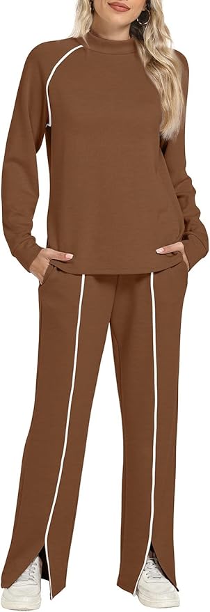 WIHOLL Lounge Sets for Women 2 Piece Fall Outfits 2025 Wide Leg Pant Matching Sets Womens Clothing