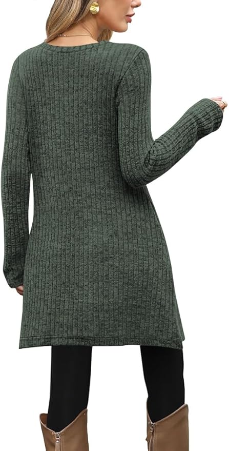 Poetsky Women Long Sleeve Tunic Tops to Wear with Leggings Side Buttons Long Shirts Rib Sweater Dress with Pockets S-3XL