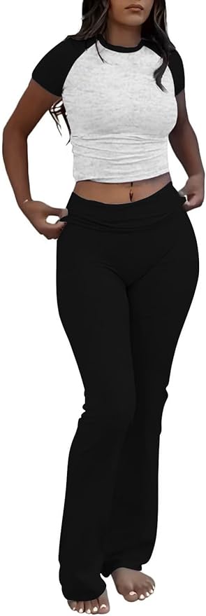 YETOWA Women's 2 Piece Lounge Outfits Slim Short Sleeve Tops Low Rise Flare Leggings Sets Yoga Sweatsuit