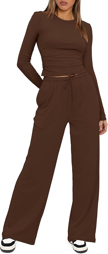 Darong Women's 2 Piece Outfits Lounge Sets 2026 Long Sleeve Tops Wide Leg Pants Casual Matching Set