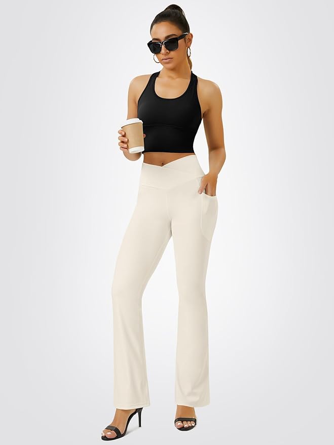 FOHOFO Yoga Pants Women, Flare Leggings for Women with Pockets Crossover High Waisted Bootcut Yoga Pants