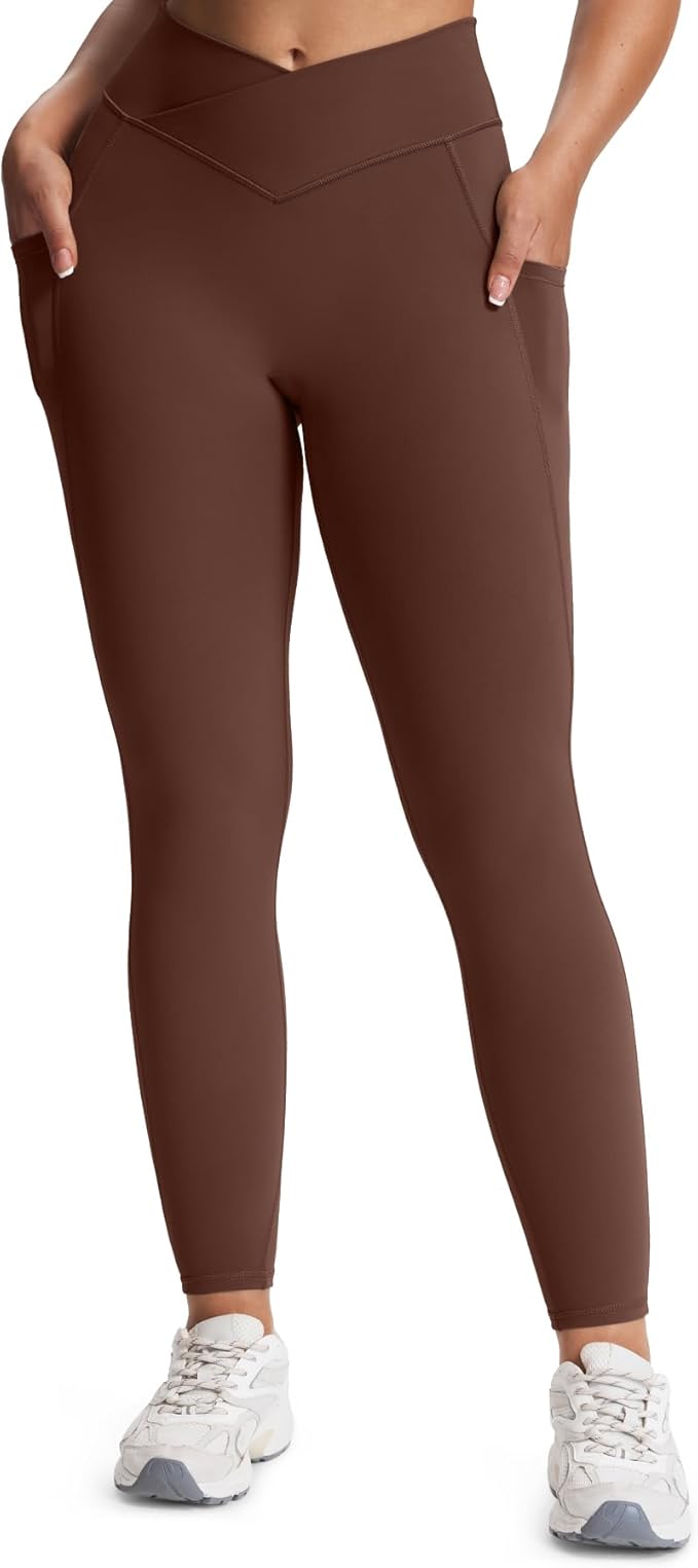 Aoxjox Women's Trinity High Waisted Yoga Pants with Pockets Cross-Waist Tummy Control Buttery Soft Workout Leggings 26"