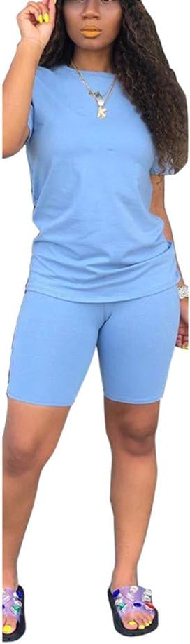 KINIKO Women's 2 Piece Casual Fashion Sports Solid Color Suit short Sleeve top and Pants Set Sweatshirt