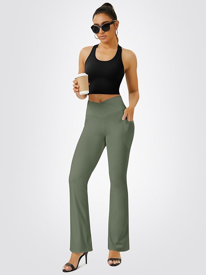 FOHOFO Yoga Pants Women, Flare Leggings for Women with Pockets Crossover High Waisted Bootcut Yoga Pants