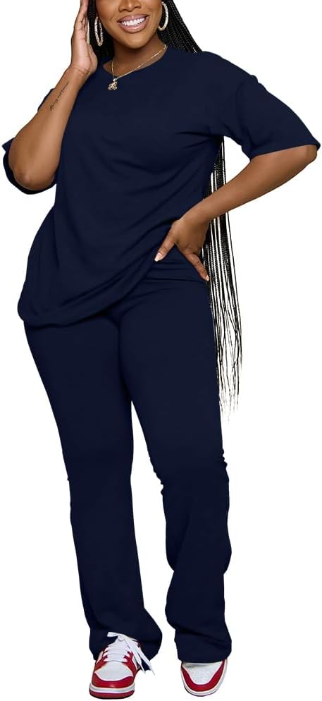 PINSV Women 2 Piece Outfits Short Sleeve Top and Flare Pants Lounge Sets Tracksuit