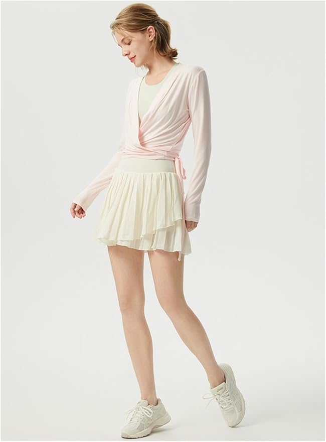 Yoga outfit with feminine temperament, cross V-neck, slimming effect, pleated waist, slim fit, sports long sleeved outfit
