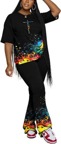 PINSV Women 2 Piece Outfits Short Sleeve Top and Flare Pants Lounge Sets Tracksuit